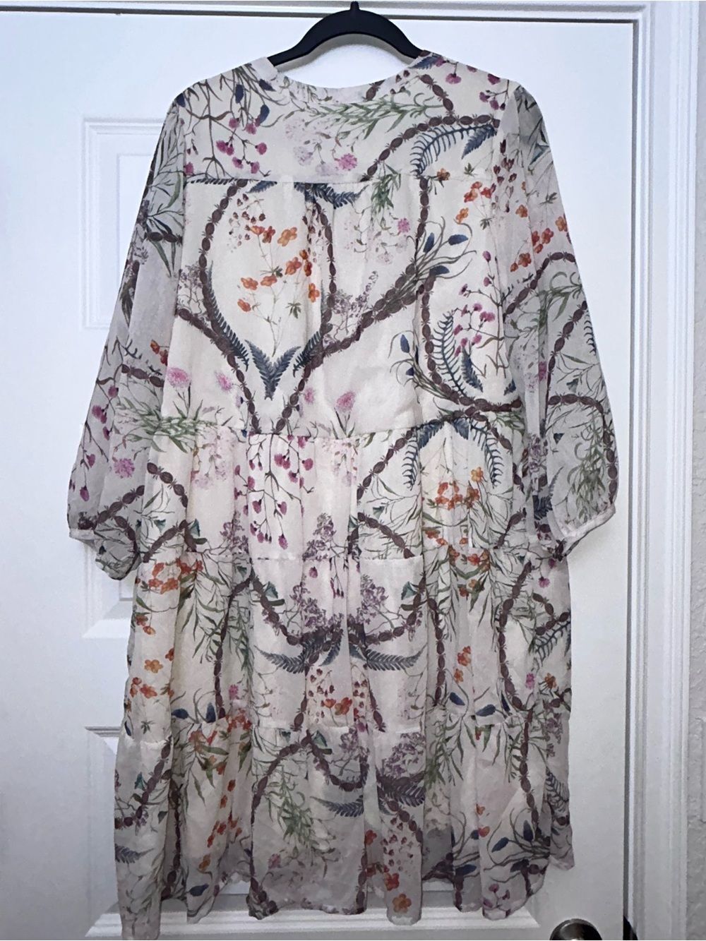 New, FAIRHOPE Floral Feather Print Ruffle Tier Tunic Cottage Long Sleeve Dress - Picture 11 of 12